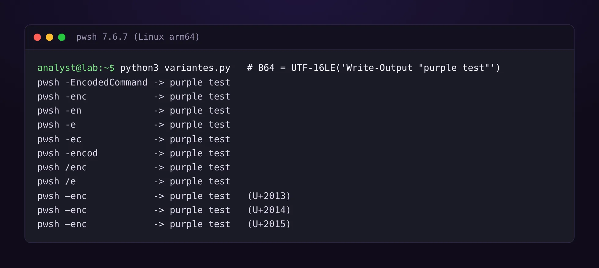 Sortie d’un terminal : onze lancements de pwsh avec -EncodedCommand, -enc, -en, -e, -ec, -encod, /enc, /e et trois tirets Unicode (U+2013, U+2014, U+2015). Chaque ligne affiche « purple test », donc toutes les variantes ont exécuté la charge.
