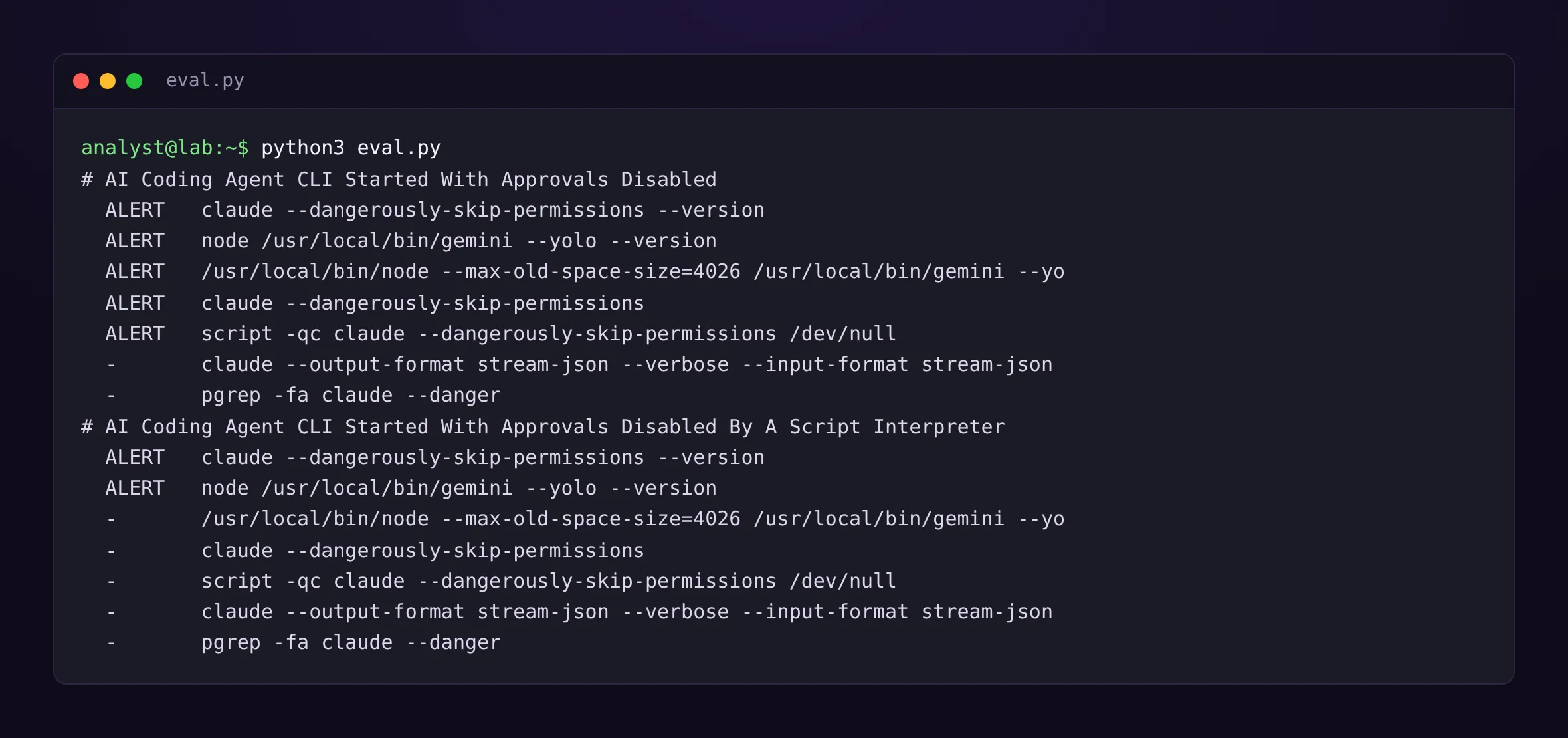 Evaluation of both rules over seven lab processes. The first rule fires five times: both postinstall launches, Gemini’s relaunch, an interactive claude launch and the script wrapper around it. The second fires only on the two launches made by node telemetry.js. Neither fires on the Claude Code process started normally by a web UI or on a pgrep command.