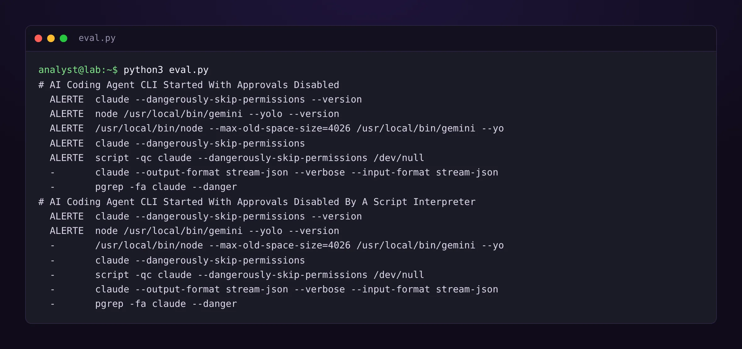 Résultat de l’évaluation des deux règles sur sept processus du lab. La première règle déclenche cinq fois : les deux appels du postinstall, la relance de Gemini, un lancement interactif de claude et le wrapper script qui le contient. La seconde ne déclenche que sur les deux appels lancés par node telemetry.js. Aucune des deux ne déclenche sur le processus Claude Code lancé normalement par une interface web ni sur une commande pgrep.